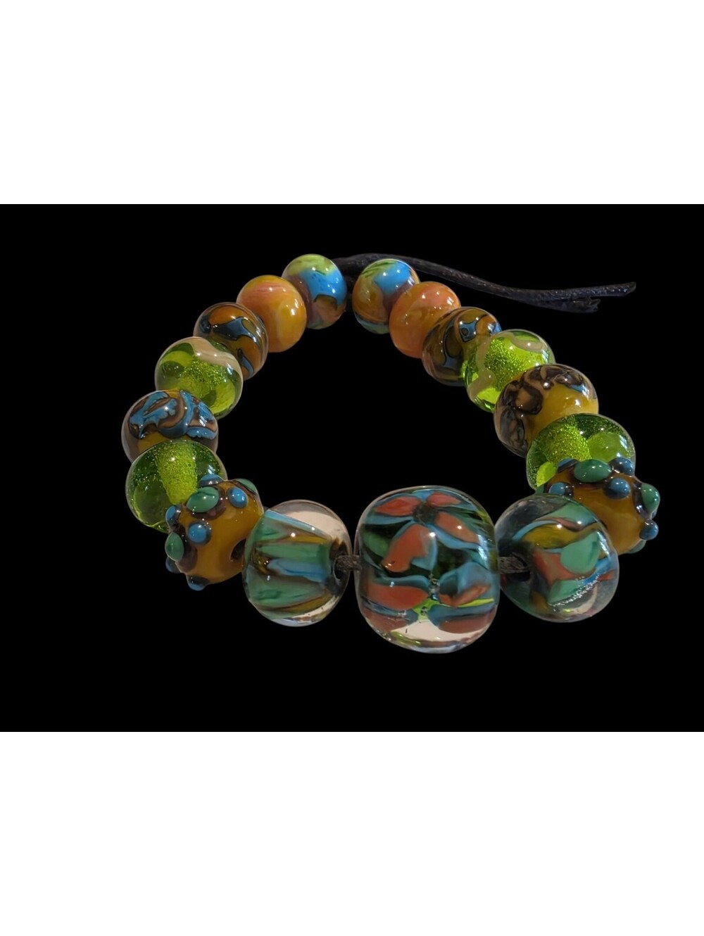 Artisan Lampwork Glass Bead Cord Bracelet Lime Green Floral Focal Eclectic 18.1g